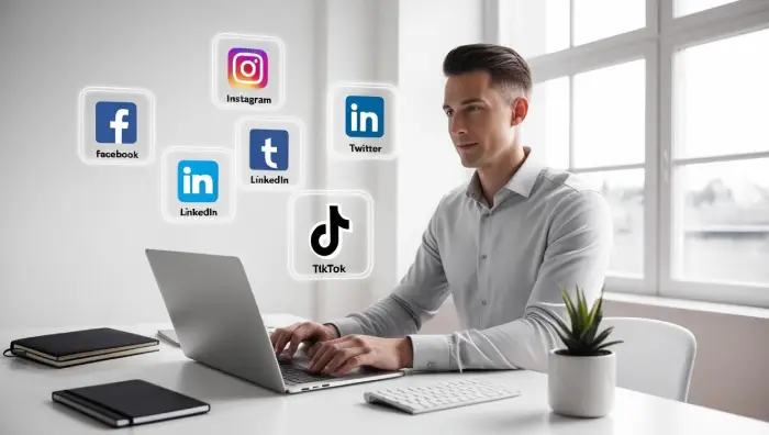 A remote freelance social media manager working on a laptop with icons of Facebook, Instagram, LinkedIn, and Twitter in the background — symbolizing social media jobs and digital marketing roles.