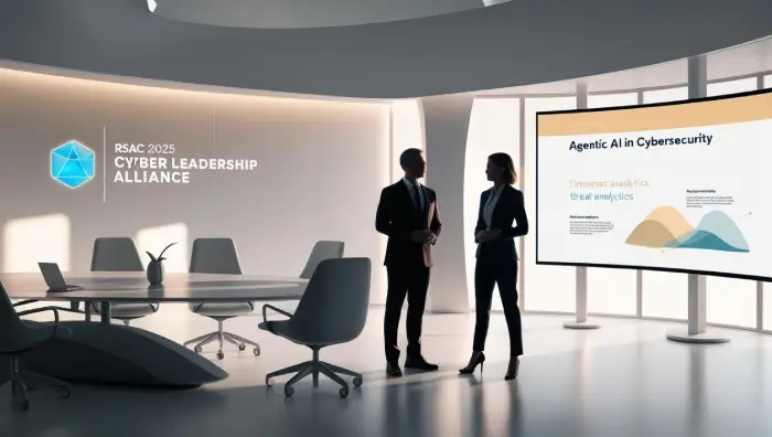Cybersecurity leaders collaborating at a conference, shaping Agentic AI in Cybersecurity policies.