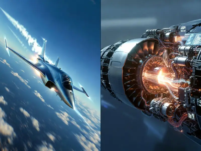 A split image illustrating Artificial Intelligence Classification a high-speed jet symbolizing AI Capabilities on one side, and its intricate glowing engine representing AI Functionalities on the other.