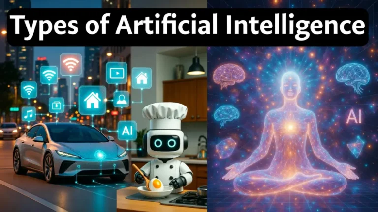 Dynamic cover image showcasing the spectrum of Types of Artificial Intelligence from everyday applications like smart cars and chef robots to the abstract concept of AI consciousness, with bold title "Types of Artificial Intelligence
