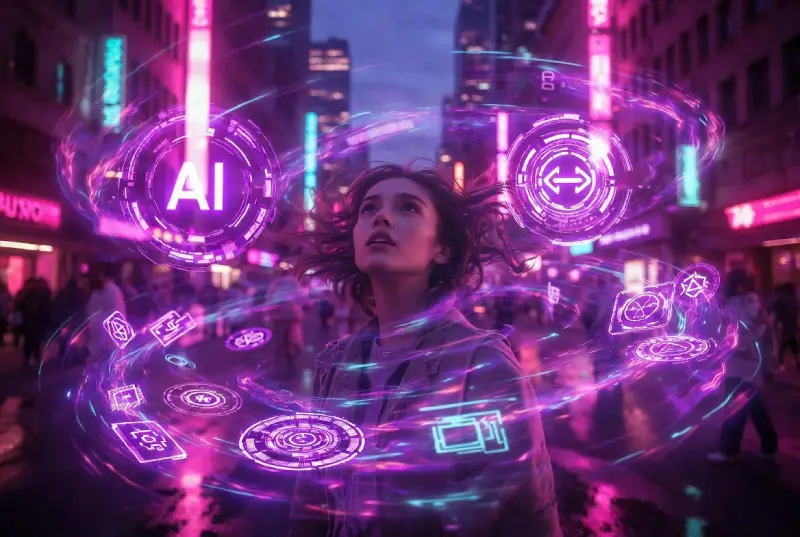 AI and Ethical Issues shaping daily modern life in a vibrant futuristic city