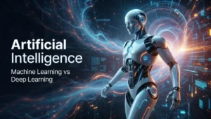 An epic 2026 cover image explaining the hierarchy of artificial intelligence vs machine learning vs deep learning with futuristic 3D text.