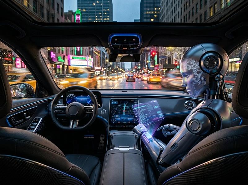 A level-5 autonomous car in Los Angeles with an empty driver's seat and a humanoid chatbot robot as a passenger, demonstrating the real-world difference between artificial intelligence and machine learning vs deep learning systems.