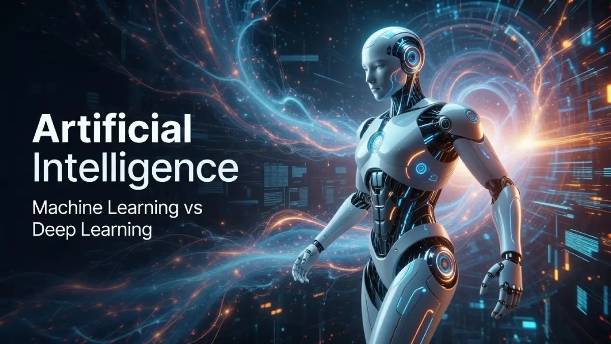 An epic 2026 cover image explaining the hierarchy of artificial intelligence vs machine learning vs deep learning with futuristic 3D text.