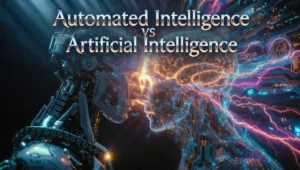 Cinematic professional cover Automated Intelligence vs Artificial Intelligence – evolving AI robot from rigid automation to vibrant intelligent neural explosion with bold glowing title text