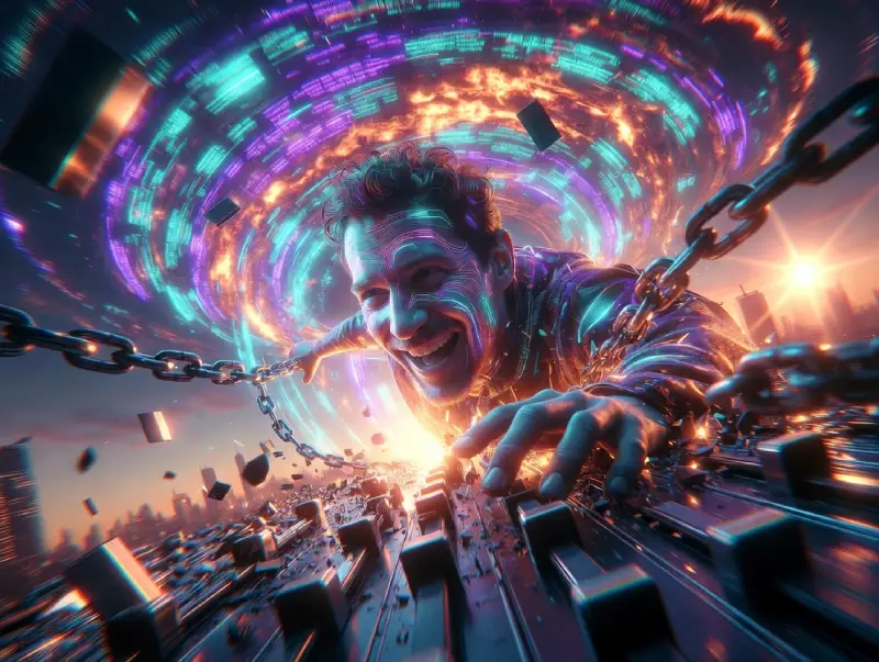 Photographer embracing autonomous AI photo editing agents, breaking free into a vibrant futuristic editing revolution