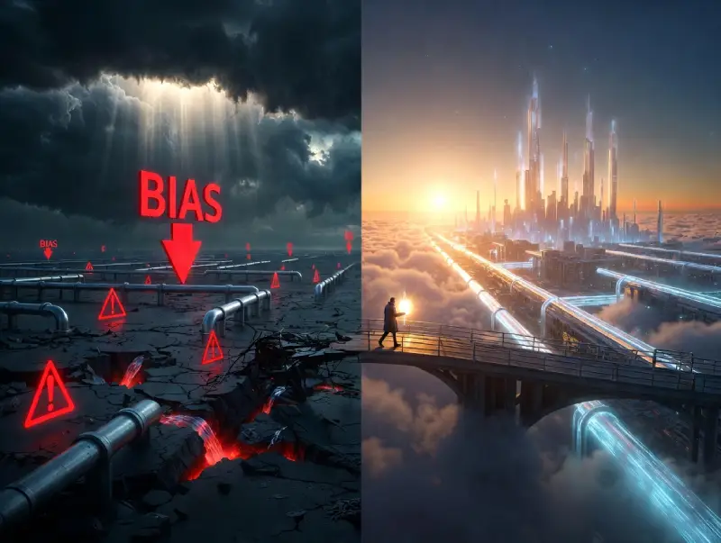 Dramatic split scene showing data challenges transforming into bright future of Data Science and AI