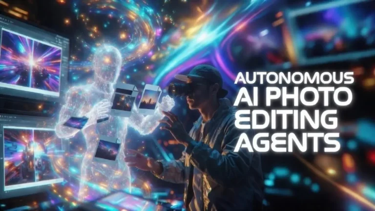 Futuristic cover banner showcasing Autonomous AI Photo Editing Agents revolution in 2026 with vibrant neon AI workflow