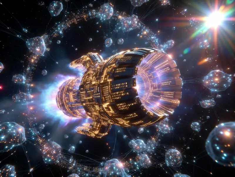 Powerful rocket engine built from golden data streams symbolizing the fuel of Data Science and AI