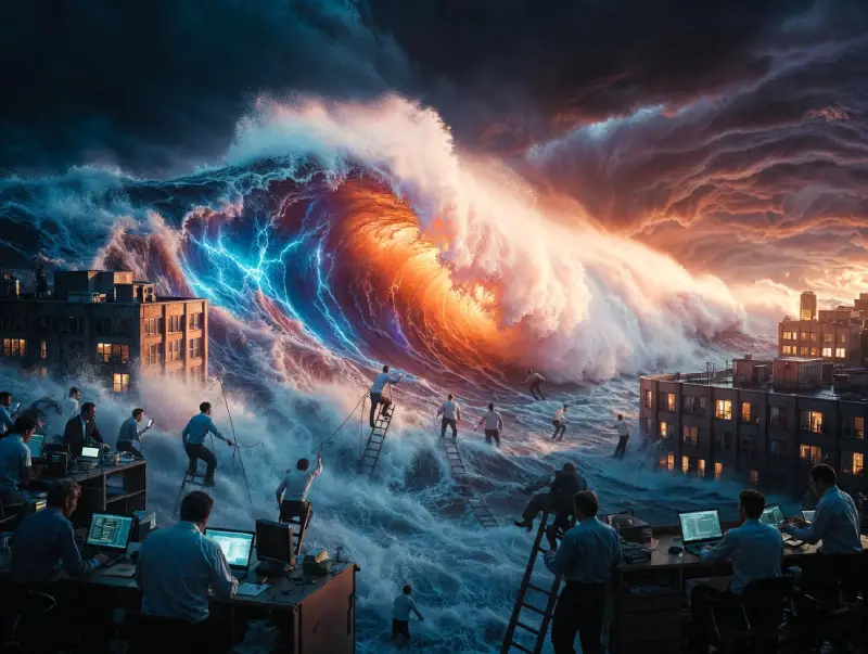 What Jobs Will AI Replace First – cinematic flood of automation sweeping routine work