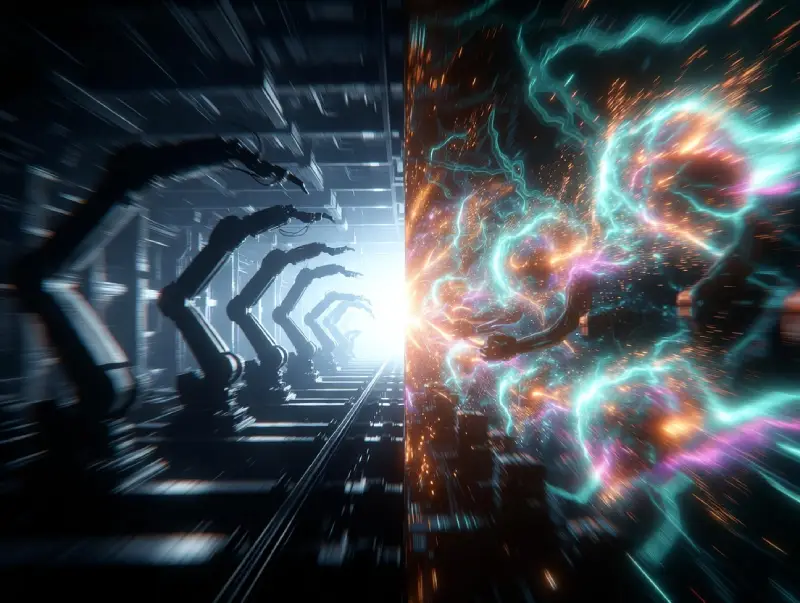 Automation vs Artificial Intelligence – rigid robots vs adaptive AI neural explosion in futuristic workflow