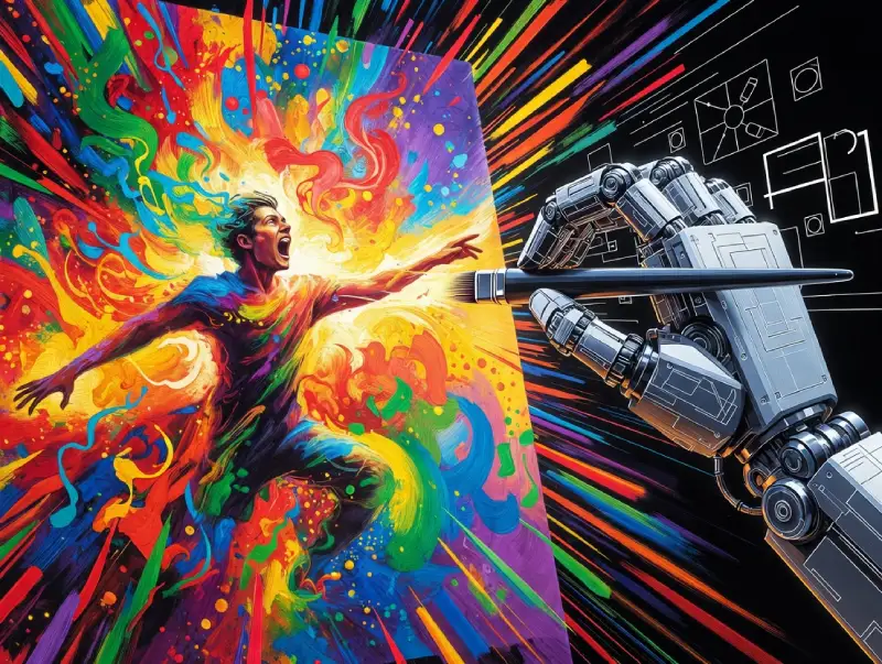 Human creativity and emotion vs AI – passionate colorful explosion vs cold precision