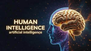 Human intelligence vs artificial intelligence – dramatic cinematic split brain vs AI neural network cover