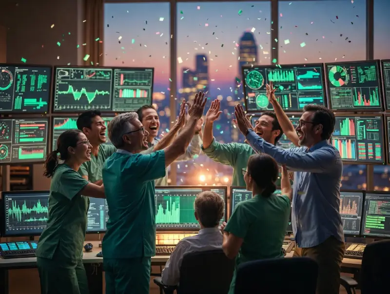 Triumphant hospital team celebrating predictive AI success saving lives with Data Science and AI