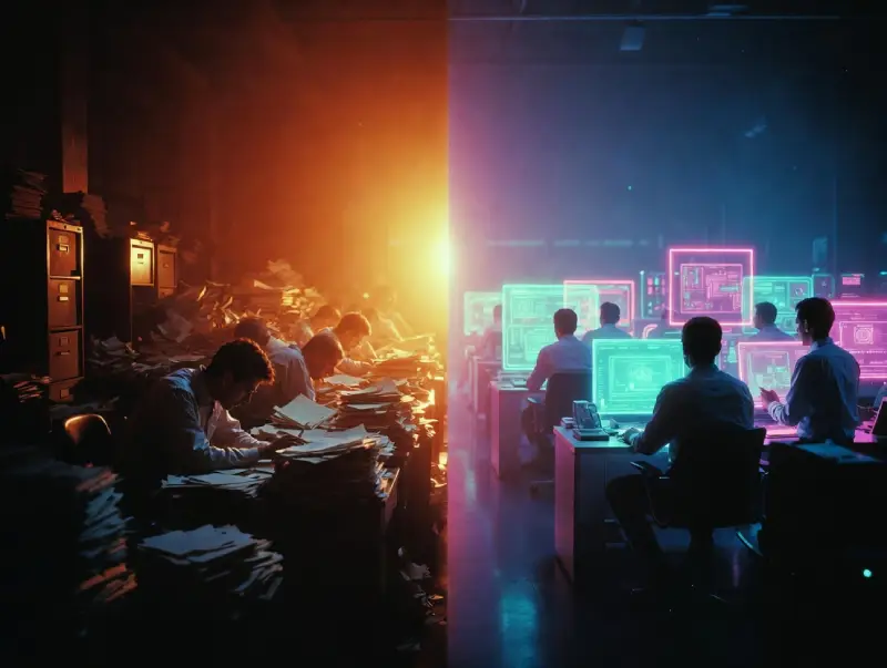 Automation vs Intelligence in the future of work – cinematic contrast between old and AI-augmented workplace