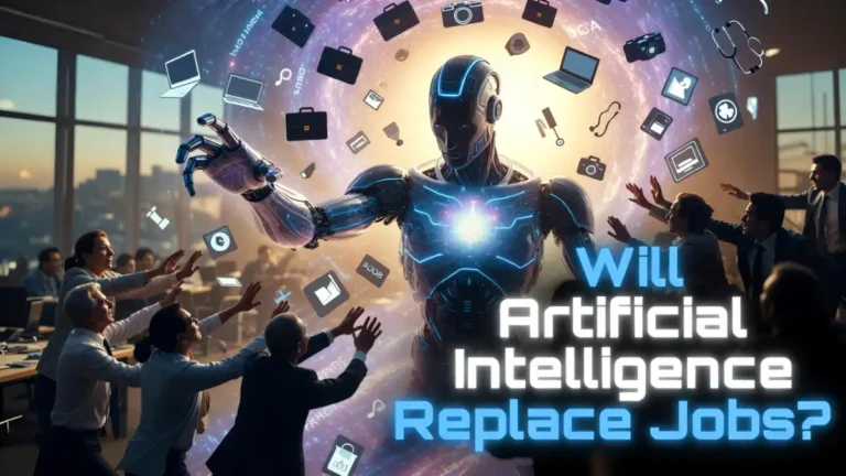 Futuristic AI robot pulling jobs into a digital vortex while humans fight back – Will Artificial Intelligence Replace Jobs cinematic cover