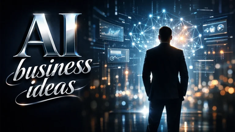 AI business ideas cinematic cover showing entrepreneur and artificial intelligence concept