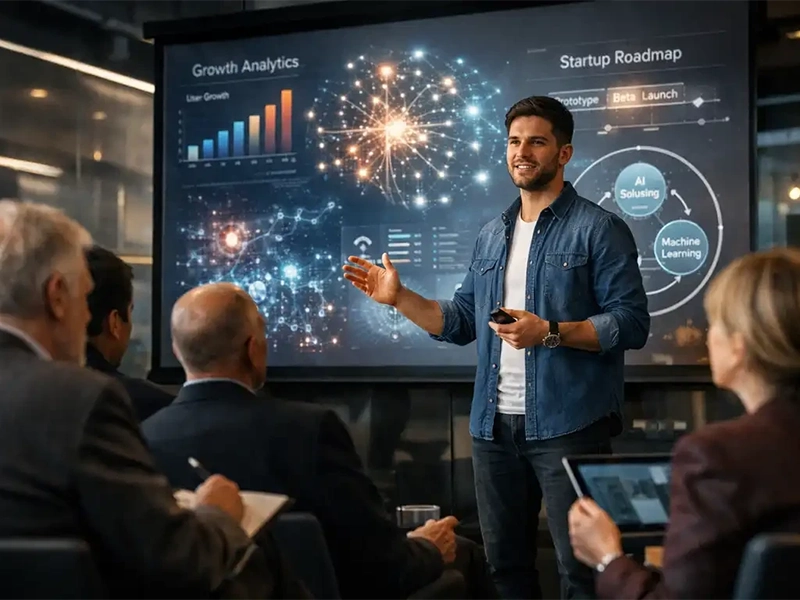 entrepreneur pitching AI business ideas that can become successful companies