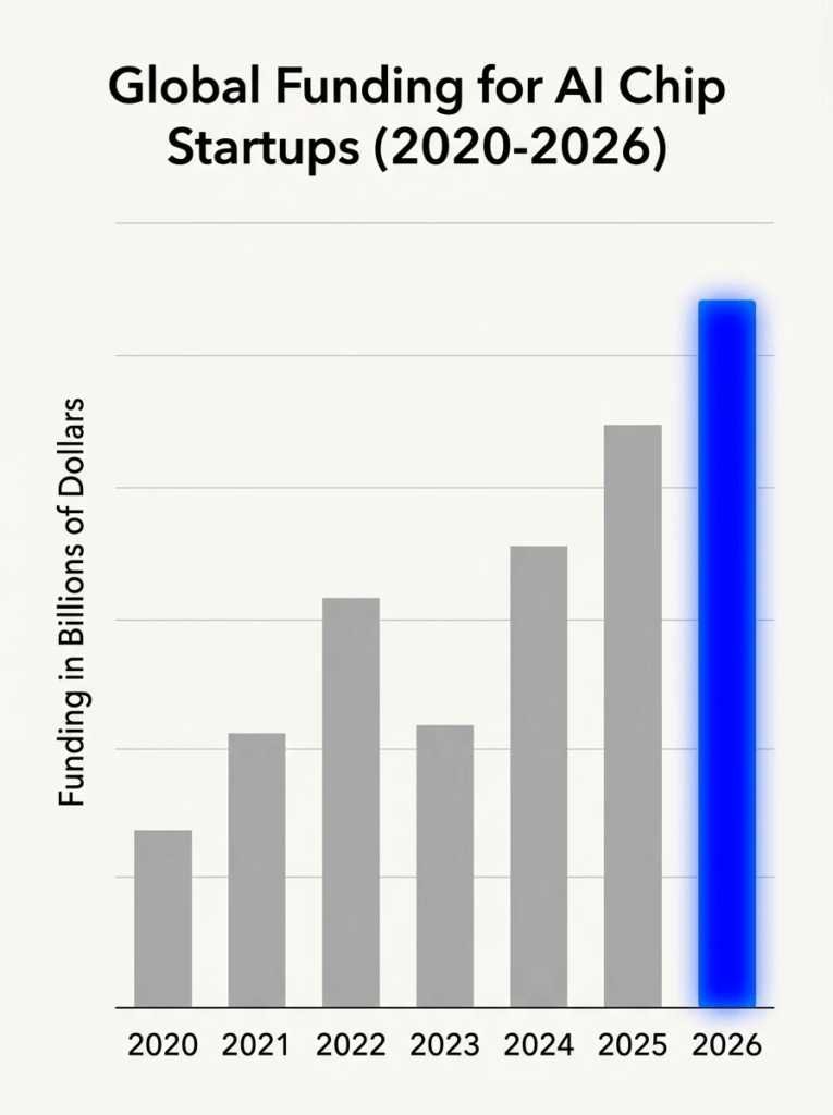Bar chart showing the growth of funding for startups in the Nvidia AI chip competition from 2020 to 2026.