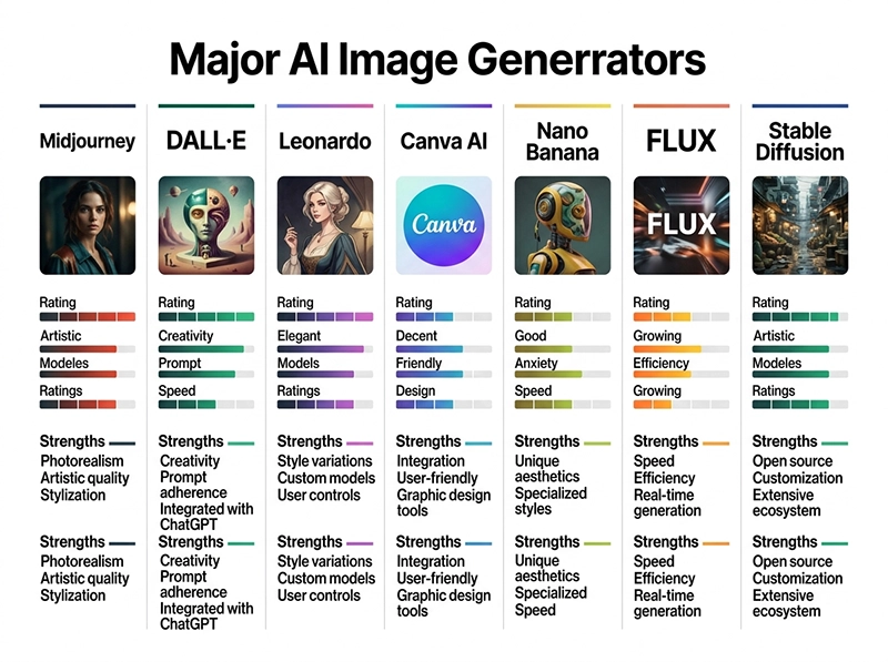 infographic comparing the best ai image generators with sample outputs
