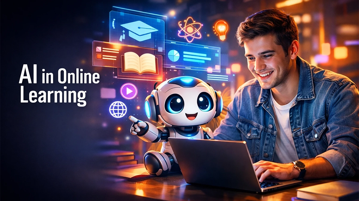 AI in Online Learning futuristic digital education concept with student and AI assistant