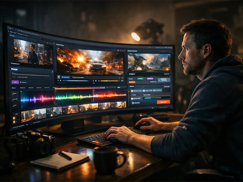 Cinematic studio shot of a creator testing multiple AI video generators on curved monitors with dramatic lighting