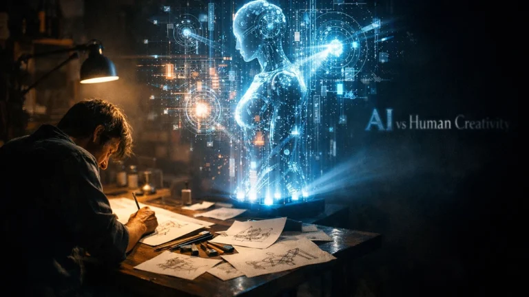 AI vs Human Creativity concept showing human imagination and artificial intelligence working together