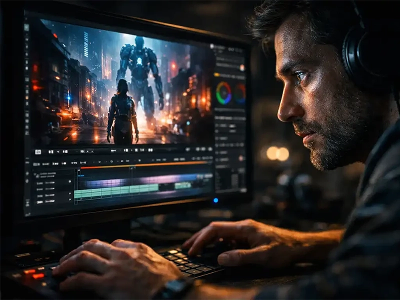 Cinematic close up of a creator reviewing AI video generator results on a high end monitor with realistic lighting