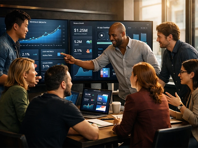 team analyzing which AI business ideas perform best in real markets