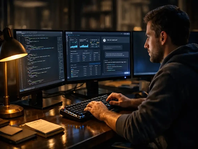 developer using AI assistant while coding on multiple monitors