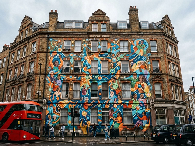 Urban mural representing decentralized community-led app distribution.