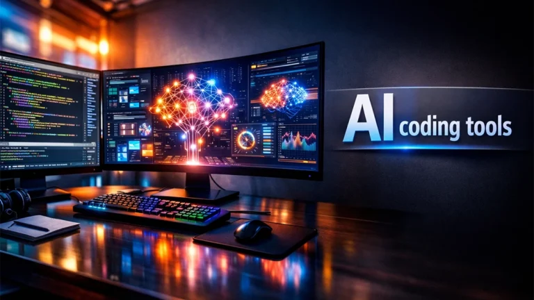 Cinematic cover image featuring AI coding tools with bright lighting, modern workspace, and text overlay.