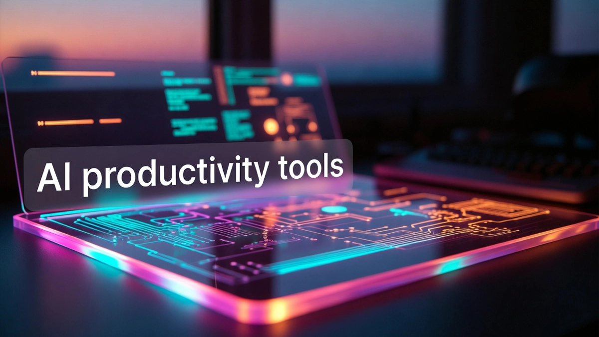 Cinematic cover image featuring AI productivity tools in a futuristic workspace