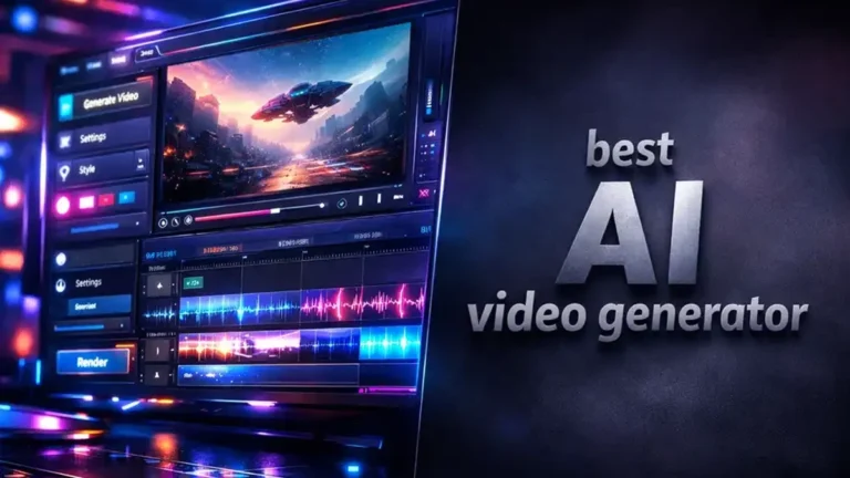 Cinematic cover with colorful AI interface and shadow blended text showcasing the best AI video generator