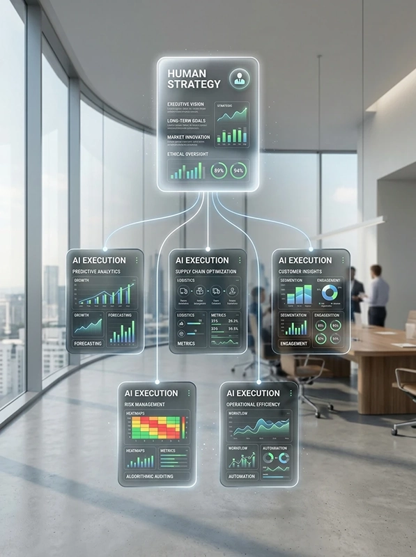 A hierarchical infographic showing seamless integration of AI assistants into a business workflow.