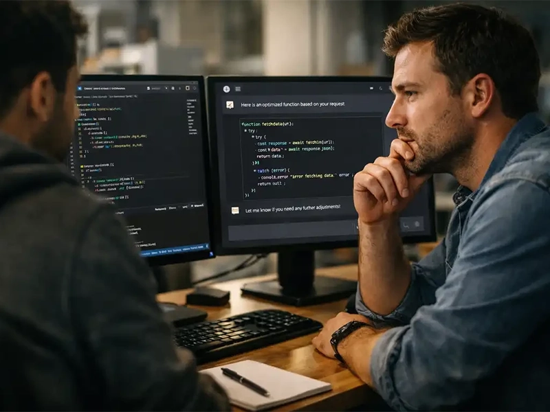 Developer using AI for coding assistance and pair programming.