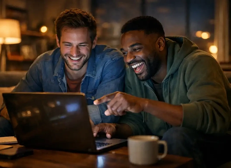 friends discovering interesting facts with AI on a laptop