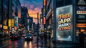 A professional urban billboard showcasing the Free App Marketing strategic blueprint for 2026.
