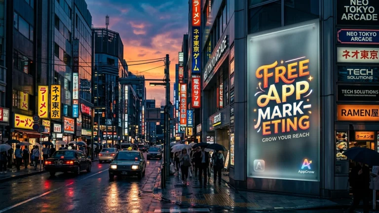 A professional urban billboard showcasing the Free App Marketing strategic blueprint for 2026.