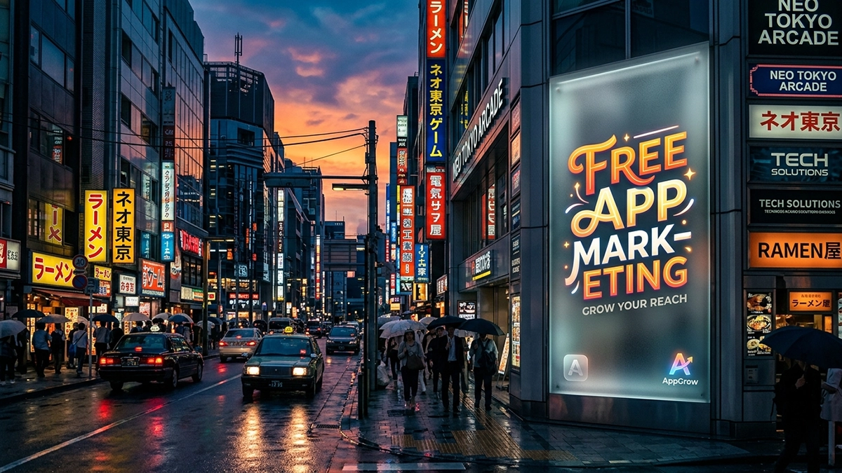 A professional urban billboard showcasing the Free App Marketing strategic blueprint for 2026.