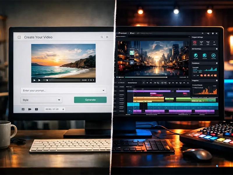 Cinematic comparison image showing free and paid AI video generator dashboards with dramatic lighting and photoreal realism
