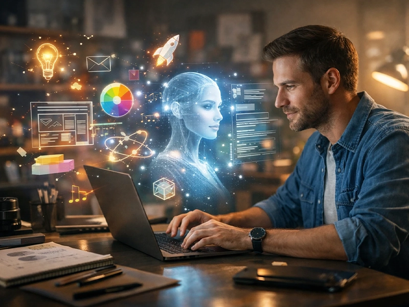 future of creativity with AI showing collaboration between human creator and artificial intelligence