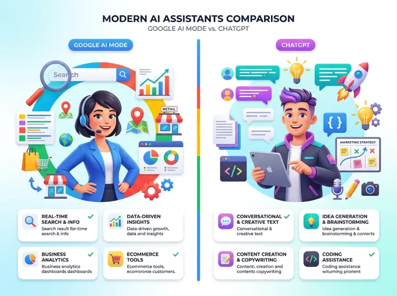 comparison infographic Google AI Mode vs ChatGPT AI systems