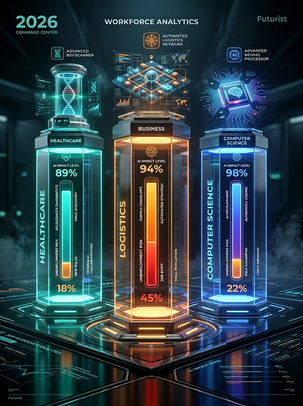 Statistical data visualization infographic showing AI impact and unemployment risk for various majors