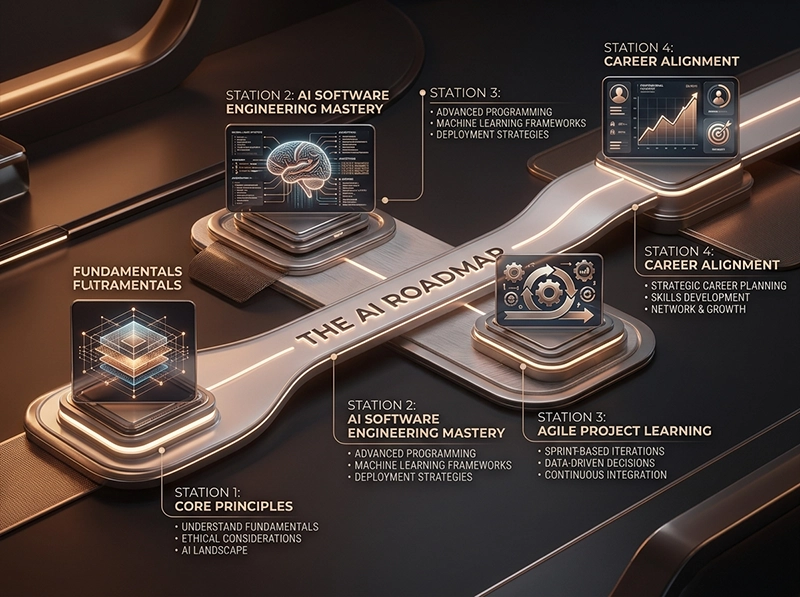 Detailed infographic roadmap for students to build a successful career path in the AI era