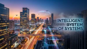 Poster-style cover showing an intelligent system of systems operating in a futuristic smart city environment