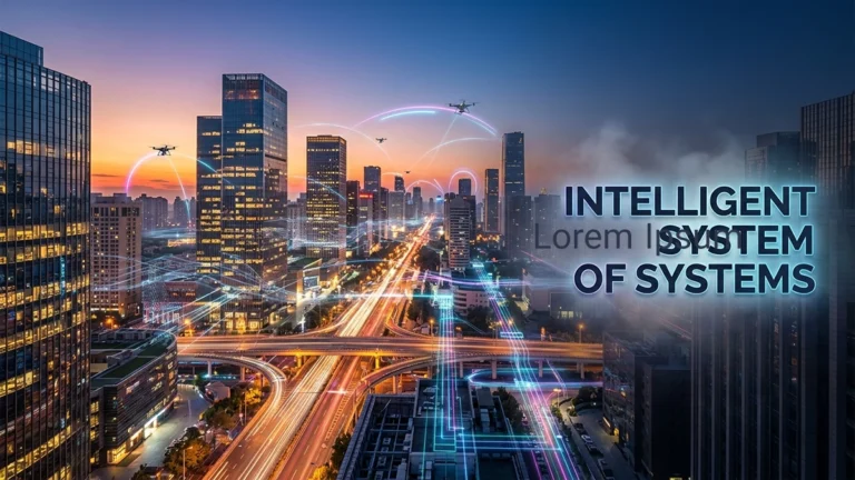 Poster-style cover showing an intelligent system of systems operating in a futuristic smart city environment