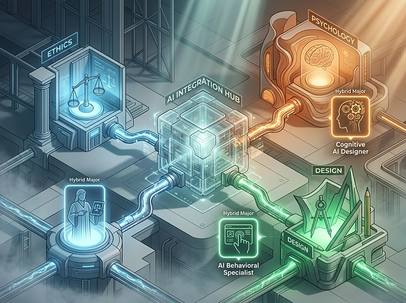 Isometric infographic illustration showing the generation of new hybrid degrees by merging AI with human disciplines