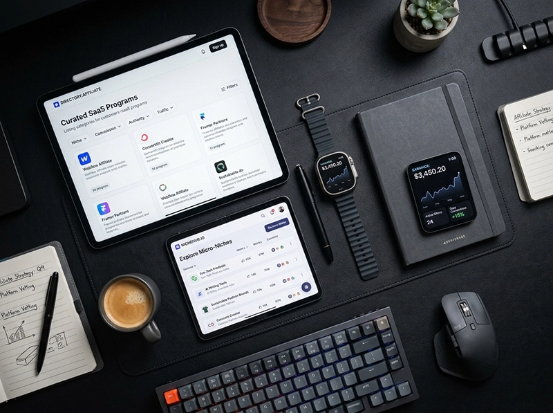 Multiple devices showing alternative app distribution channels and niche directories.