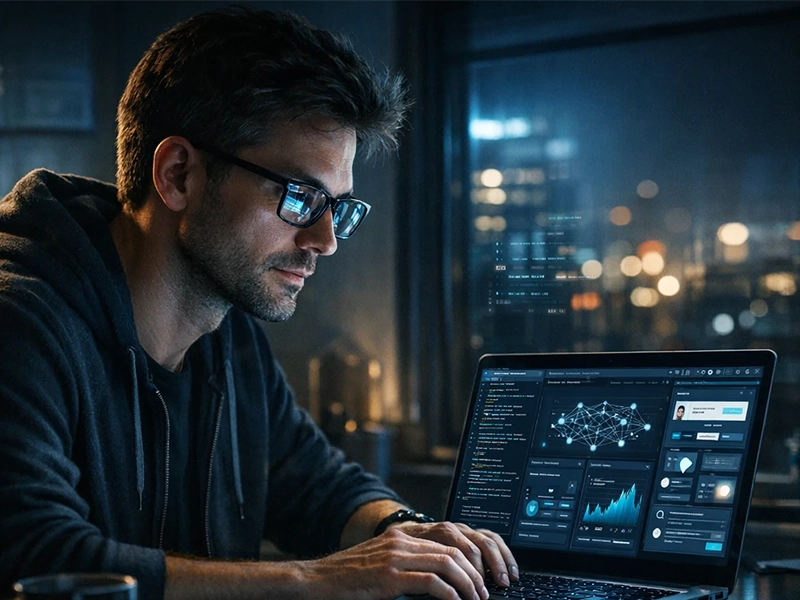 founder working on their own real AI business idea project at night